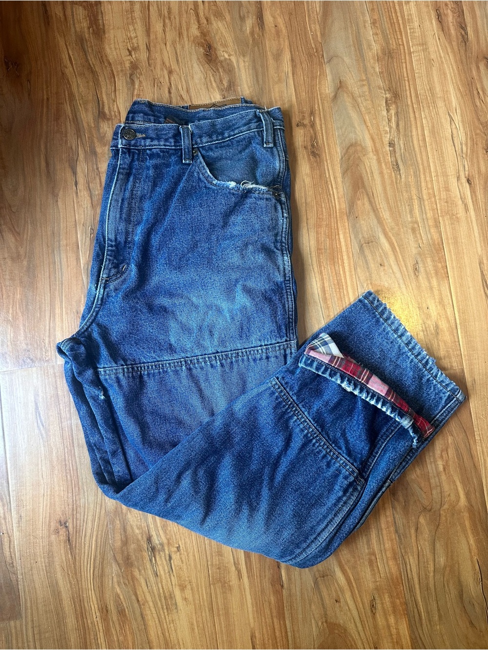 VTG Guide Gear Mens Flannel Lined Double Knee Work Jeans Medium Wash Denim 36x29